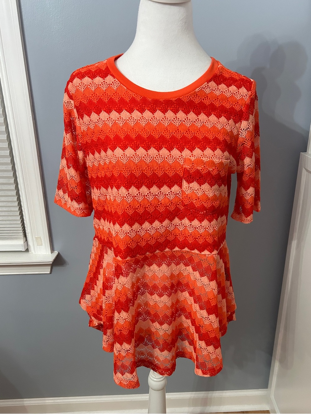DG2 Diane Gilman NWT Crochet Peplum Top Medium Orange Chevron Knit QVC